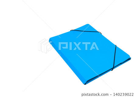 blue plastic document folder with a black elastic band lies at an angle on a white background 140239022
