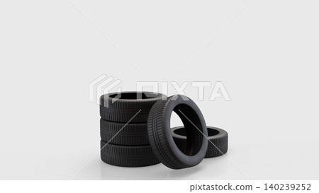Stacked Black Car Tires For Automotive Service 3d render. Stacked Black Car Tires For Automotive Service 3d render. 140239252