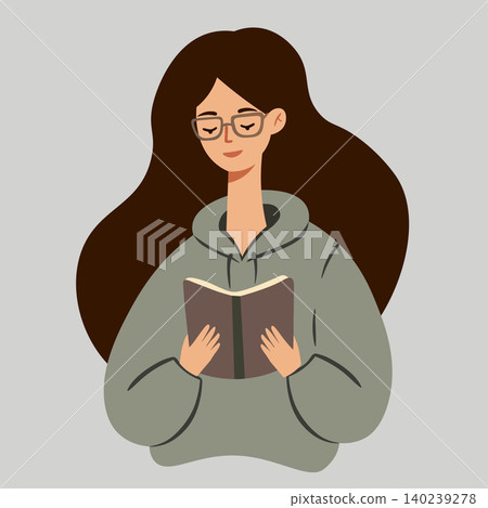 Thoughtful young woman deeply immersed in reading open book, elegant minimalist vector illustration with soft shapes, perfect for education and leisure themes Thoughtful young woman deeply immersed in reading open book, elegant minimalist vector illustration with soft shapes, perfect for education and leisure themes 140239278