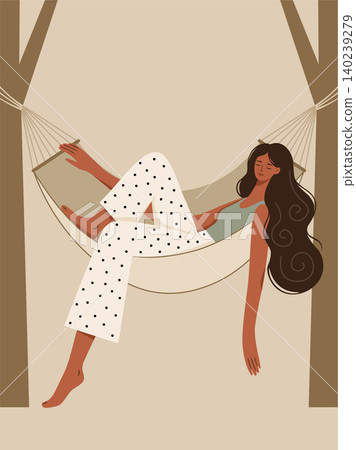 Relaxed young woman lounging comfortably in backyard hammock, minimalist vector illustration featuring simplified shapes for lifestyle projects Relaxed young woman lounging comfortably in backyard hammock, minimalist vector illustration featuring simplified shapes for lifestyle projects 140239279