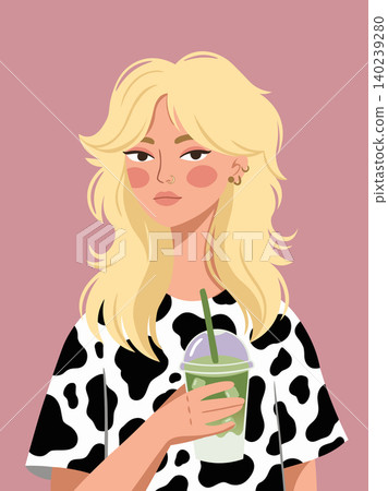 Trendy blonde woman with shaggy hair wearing stylish cow print t-shirt, holding matcha drink, minimalist vector illustration Trendy blonde woman with shaggy hair wearing stylish cow print t-shirt, holding matcha drink, minimalist vector illustration 140239280