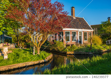 Beautiful brick Dutch cottage by canal with red tree in golden hour light Beautiful brick Dutch cottage by canal with red tree in golden hour light 140239377
