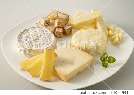A cheese platter featuring a variety of cheeses arranged on a white plate. 140239413