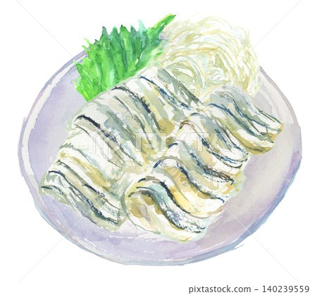 一幅水彩插圖,描繪了擺放在盤子上的小魚刺身。 一幅水彩插圖,描繪了擺放在盤子上的小魚刺身。 140239559