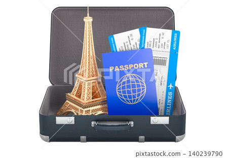 Open suitcase with Eiffel Tower, passport and boarding passes, Paris vacation and travel planning concept, 3d rendering Open suitcase with Eiffel Tower, passport and boarding passes, Paris vacation and travel planning concept, 3d rendering 140239790
