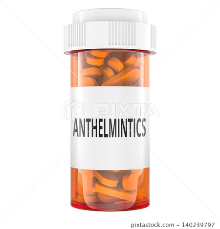 Anthelmintics pill bottle with tablets. 3D rendering Anthelmintics pill bottle with tablets. 3D rendering 140239797