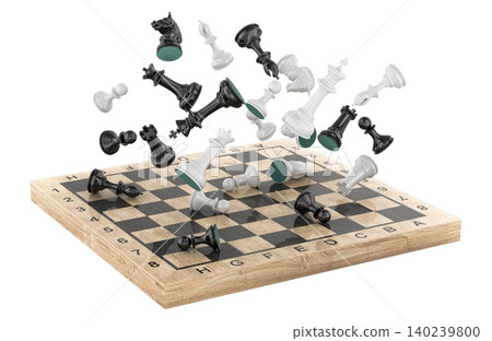 Chess pieces flying over board. 3D rendering Chess pieces flying over board. 3D rendering 140239800
