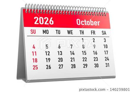 Desk calendar for October 2026. 3D rendering Desk calendar for October 2026. 3D rendering 140239801