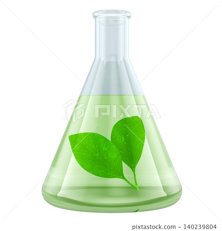 Flask with green liquid and green leaves inside, eco chemistry biotechnology concept, 3d rendering Flask with green liquid and green leaves inside, eco chemistry biotechnology concept, 3d rendering 140239804