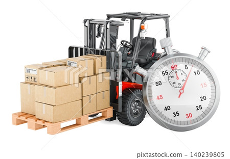 Forklift with pallet boxes and stopwatch. Fast delivery and warehouse logistics, 3d rendering Forklift with pallet boxes and stopwatch. Fast delivery and warehouse logistics, 3d rendering 140239805