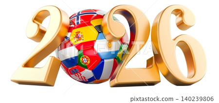 Gold 2026 numbers with soccer ball covered in national flags, international football tournament concept. 3D rendering Gold 2026 numbers with soccer ball covered in national flags, international football tournament concept. 3D rendering 140239806