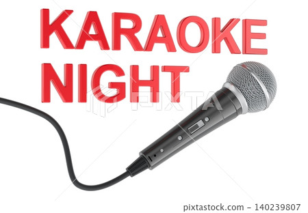 Karaoke night sign with wired microphone. Music party and entertainment concept, 3d rendering Karaoke night sign with wired microphone. Music party and entertainment concept, 3d rendering 140239807