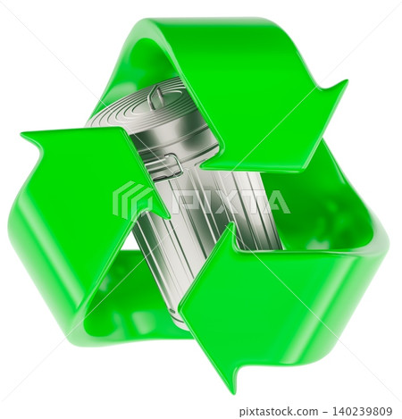 Metal trash can with recycling symbol. 3D rendering Metal trash can with recycling symbol. 3D rendering 140239809