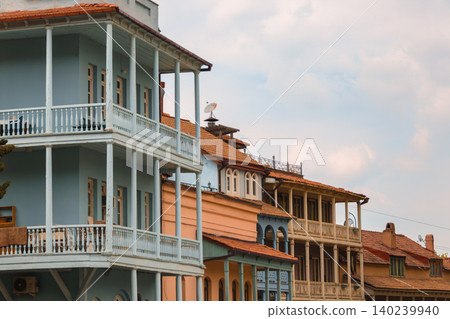 Traditional Wooden Balcony Houses with Colorful Facades and Historic Architecture in Old Town Traditional Wooden Balcony Houses with Colorful Facades and Historic Architecture in Old Town 140239940