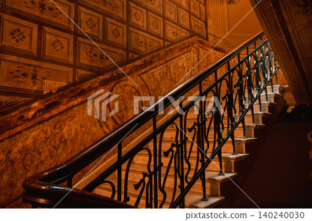 Elegant Historic Marble Staircase with Ornate Wrought Iron Railing and Decorative Wall Panels, Elegant Historic Marble Staircase with Ornate Wrought Iron Railing and Decorative Wall Panels, 140240030