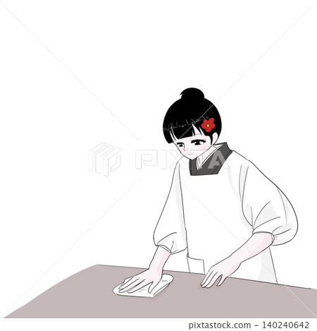 一位身穿廚師圍裙的女士正在擦拭桌子——這是餐廳清潔的畫面。 一位身穿廚師圍裙的女士正在擦拭桌子——這是餐廳清潔的畫面。 140240642
