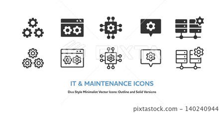 A set of vector icons (line art and colored) for server, browser, infrastructure, speech bubble, and other settings and maintenance purposes. A set of vector icons (line art and colored) for server, browser, infrastructure, speech bubble, and other settings and maintenance purposes. 140240944