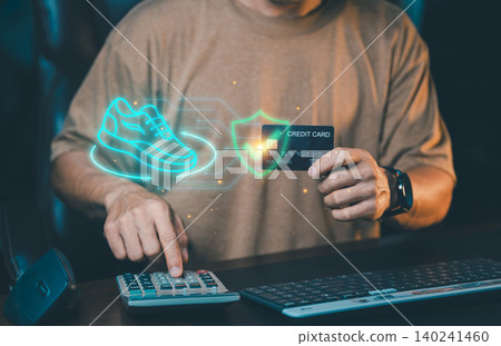 Man holding credit card with virtual running shoe icon and secure shield. Online fashion shopping, sportswear e-commerce concept. Man holding credit card with virtual running shoe icon and secure shield. Online fashion shopping, sportswear e-commerce concept. 140241460