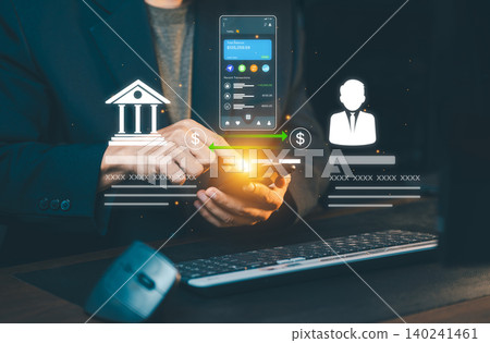 Close up of businessman using smartphone for online money transfer with bank and user interface icons. Digital wallet and banking concept. 140241461