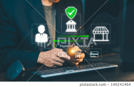 Close up of businessman holding smartphone showing successful payment notification with retail store and bank icons. E-commerce concept. Close up of businessman holding smartphone showing successful payment notification with retail store and bank icons. E-commerce concept. 140241464