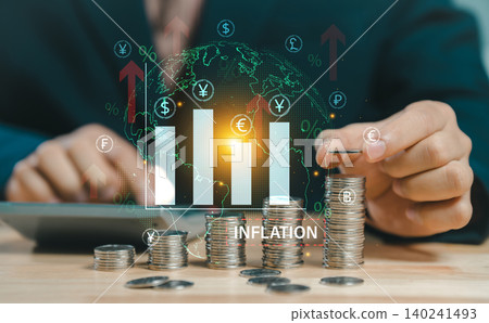 Global inflation and financial crisis concept. Businessman stacking coins with rising arrow, globe, and currency symbols representing economic growth and price increase. 140241493