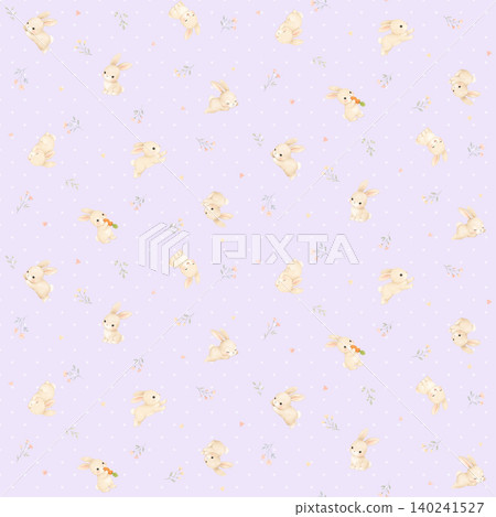 [Purple (Lavender) Seamless Pattern] Scandinavian-style seamless pattern with watercolor rabbits, small flowers, dots, and hearts. 140241527