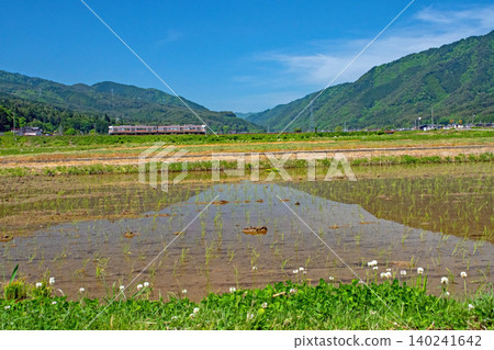 在湛藍的天空下,周圍綠樹環繞,一列當地列車駛過飛驒市宮市。 在湛藍的天空下,周圍綠樹環繞,一列當地列車駛過飛驒市宮市。 140241642