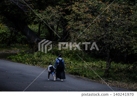 An autumn scene: A parent and child pass by a tree bearing persimmons. An autumn scene: A parent and child pass by a tree bearing persimmons. 140241970