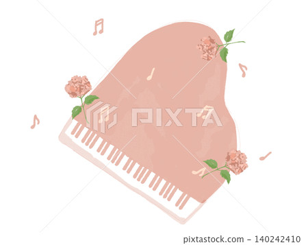 Illustration of hydrangeas, musical notes, and a piano 140242410