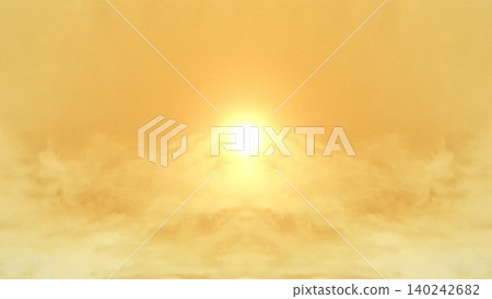 Radiant golden sunlight emerging through clouds, creating a serene, symmetrical sky background with uplifting atmosphere. 140242682