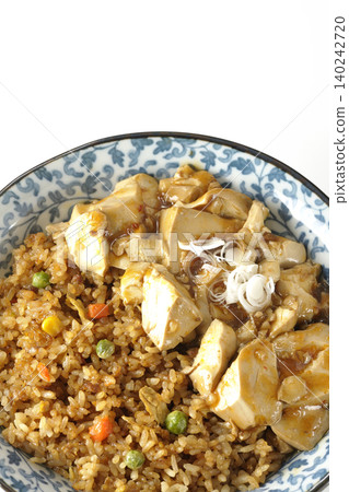 白色背景上的麻婆豆腐炒飯照片。 140242720