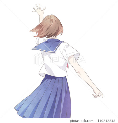 An illustration of a female student from behind, reaching her hand upwards (in summer uniform). An illustration of a female student from behind, reaching her hand upwards (in summer uniform). 140242838
