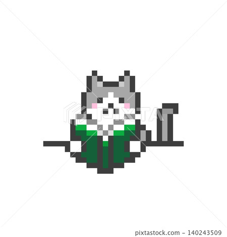 A calico cat reading a book at a pixelated desk. 140243509
