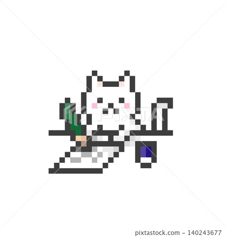 A white cat taking a test at a pixelated desk. A white cat taking a test at a pixelated desk. 140243677