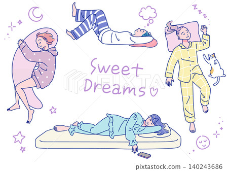 一組描繪女子安詳睡眠的插圖。 一組描繪女子安詳睡眠的插圖。 140243686