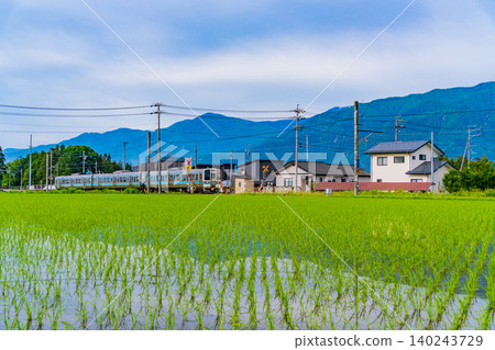 [Nagano Prefecture] A train runs through rice paddies where rice planting has just finished, with the Northern Alps in the background. 140243729
