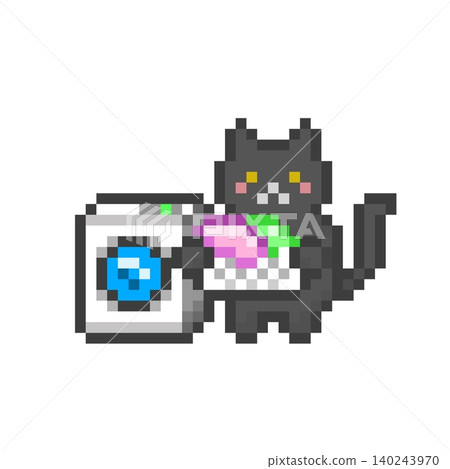 A black cat washing clothes in a pixelated drum-type washing machine A black cat washing clothes in a pixelated drum-type washing machine 140243970