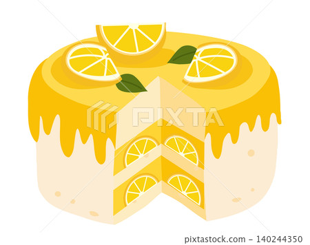lemon cake illustration with layers and icing, slice showing inside with fresh lemon and leaves, perfect dessert, bakery treat, sweet summer pastry, homemade style food art lemon cake illustration with layers and icing, slice showing inside with fresh lemon and leaves, perfect dessert, bakery treat, sweet summer pastry, homemade style food art 140244350