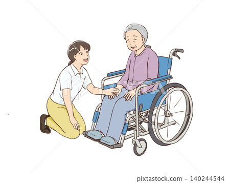 一位坐在輪椅上的老婦人和一位護理人員 一位坐在輪椅上的老婦人和一位護理人員 140244544