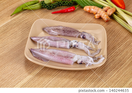 Raw squid on plate with herbs and spices Raw squid on plate with herbs and spices 140244635