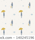 seamless minimal rainy day with women in raincoats and umbrellas repeat pattern background, flat jpg illustration graphic design 140245196