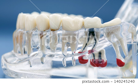 Transparent anatomical model of the human lower jaw. Close-up: tooth roots, endodontic root canal treatment, cyst, and impacted wisdom tooth. Isolated on a blue background. Transparent anatomical model of the human lower jaw. Close-up: tooth roots, endodontic root canal treatment, cyst, and impacted wisdom tooth. Isolated on a blue background. 140245240