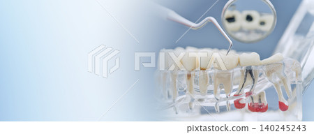 Dental clinic web banner. Transparent jaw model with mirror reflecting hidden caries and explorer. Copy space for text. Dental clinic web banner. Transparent jaw model with mirror reflecting hidden caries and explorer. Copy space for text. 140245243