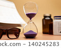 Hourglass with medicine bottle, reading glasses and calendar,aging society, senior healthcare 140245283
