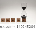 Hourglass beside age blocks from 40 to 80, aging population, life stages and time passing 140245284