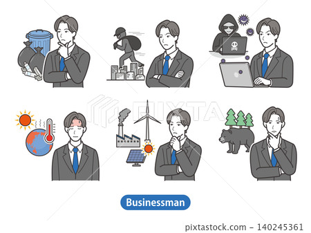 A set of 6 types of social issues, environmental challenges, and crime prevention measures for businessmen (male office workers, suits, heatstroke, decarbonization, waste problems) A set of 6 types of social issues, environmental challenges, and crime prevention measures for businessmen (male office workers, suits, heatstroke, decarbonization, waste problems) 140245361