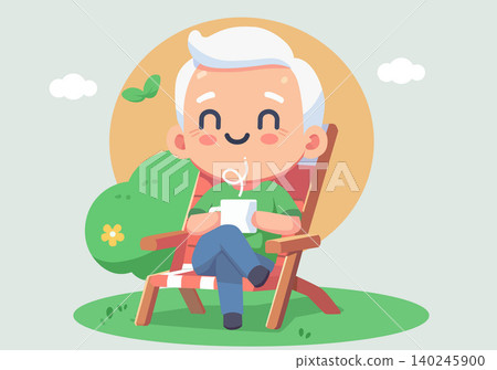 Happy Senior Man Sitting and Holding Coffee Cup Illustration Happy Senior Man Sitting and Holding Coffee Cup Illustration 140245900