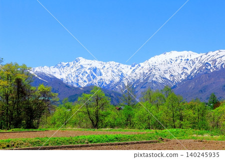 The Northern Alps from Hakuba Village in May; the mountains of Shinshu; the scenery of Shinshu. The Northern Alps from Hakuba Village in May; the mountains of Shinshu; the scenery of Shinshu. 140245935