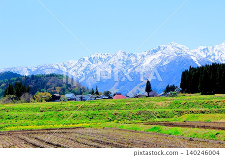The Northern Alps from Hakuba Village in May; the mountains of Shinshu; the scenery of Shinshu. The Northern Alps from Hakuba Village in May; the mountains of Shinshu; the scenery of Shinshu. 140246004