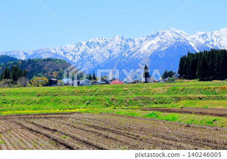The Northern Alps from Hakuba Village in May; the mountains of Shinshu; the scenery of Shinshu. 140246005